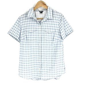 Eddie Bauer Top Size Medium Womens White Blue Check Button Outdoor Hiking Shirt